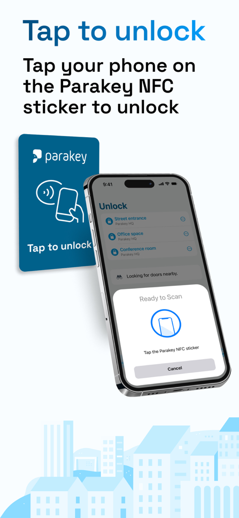 iPhone showing the Parakey app with a prompt to tap an NFC sticker to unlock a door.