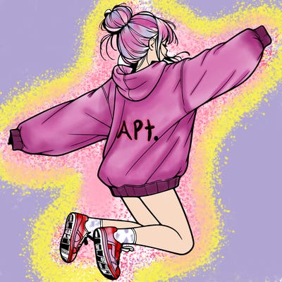 realistic girl jumping with a bun and oversized sweatshirt