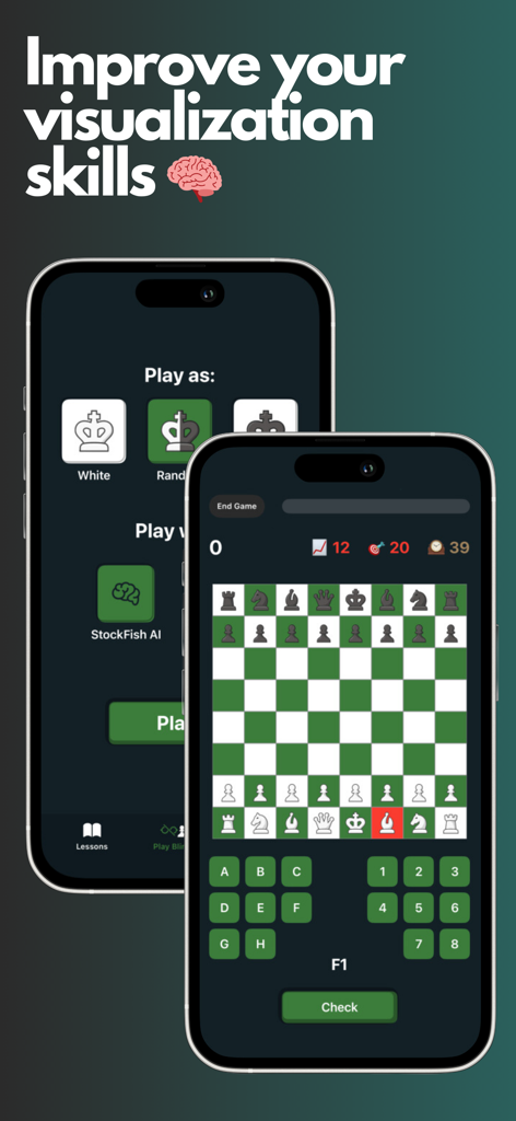 Blindfold Chess - Mobile app interface of Blindfold Chess showing visualization training lessons and a chessboard for notation practice.