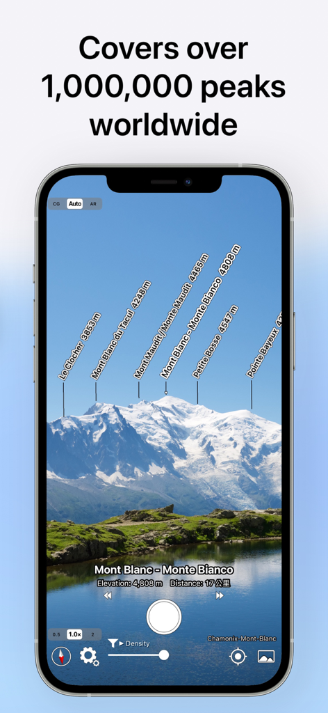 Écran de l'application AR AlpineGuide montrant des étiquettes de sommets en réalité augmentée sur la chaîne de montagnes du Mont-Blanc