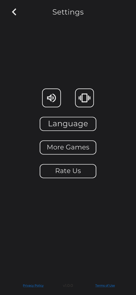 what happened next? - Minimalistic settings menu for the what happened next trivia game showing sound, language, and rating options.