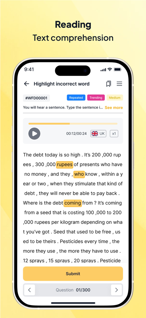 Interface do aplicativo PTE Magic mostrando um exercício de compreensão de leitura para destacar palavras incorretas