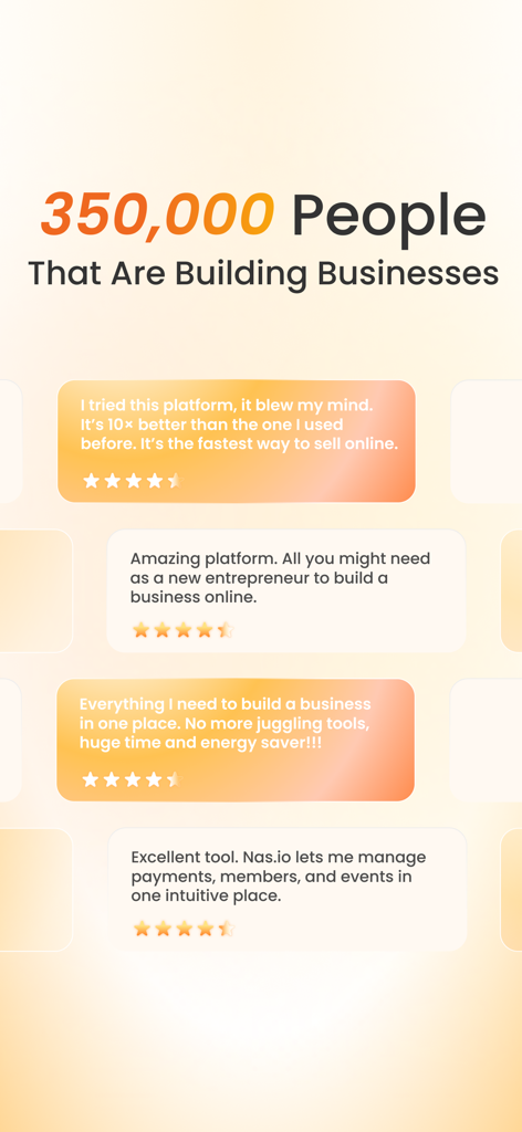 Ein Screenshot der Nas.io App, der positive Nutzerbewertungen anzeigt und besagt, dass 350.000 Menschen auf der Plattform Unternehmen aufbauen