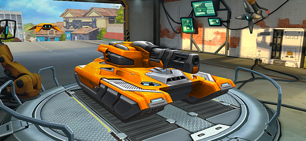 Um tanque de batalha laranja personalizado em uma plataforma circular dentro de uma oficina de garagem de alta tecnologia em Tanki Online.