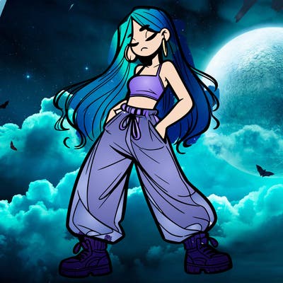 girl in baggy pants crop top and long hair