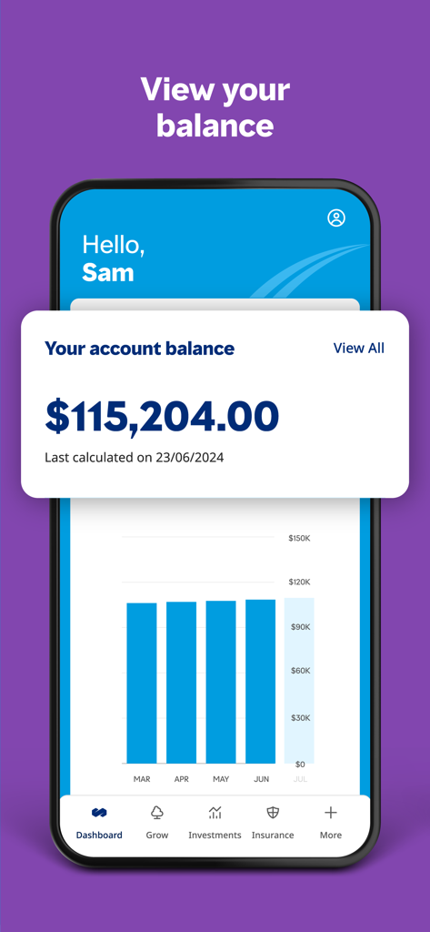 Mercer Super (Member App) - Mercer Super app dashboard displaying account balance and monthly investment growth chart