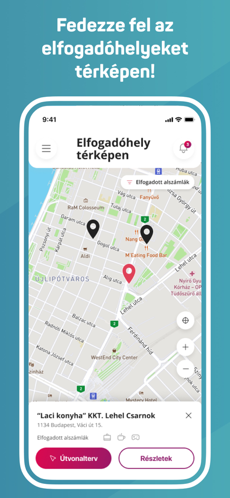 Kartenoberfläche der MBH SZEP Kartya Mobile App, die Standorte von Partnergeschäften und Restaurants zeigt