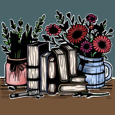 rustic books and flowers realistic