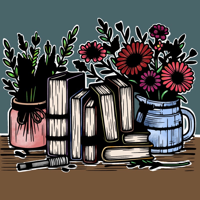 rustic books and flowers realistic