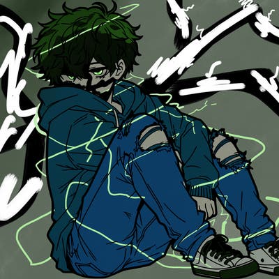 a male hoddie ripped jeans messy hair anime