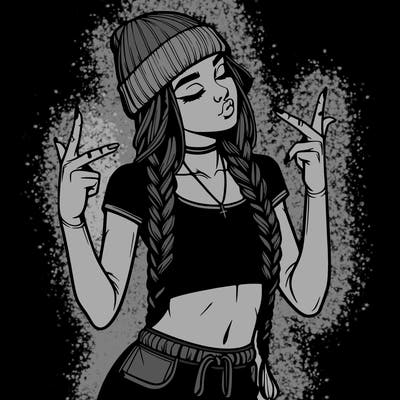 realistic teenage girl with braids and a beanie and crop top doing 🫶🏼
