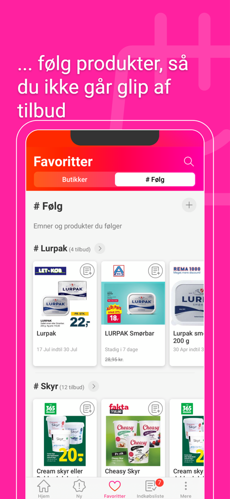The Favorites screen of the Tilbudsavis app displaying specific product deals for Lurpak and Skyr.