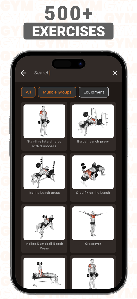 iPhone screen showing Gym WP app exercise library with over 500 weightlifting routines and instructional illustrations