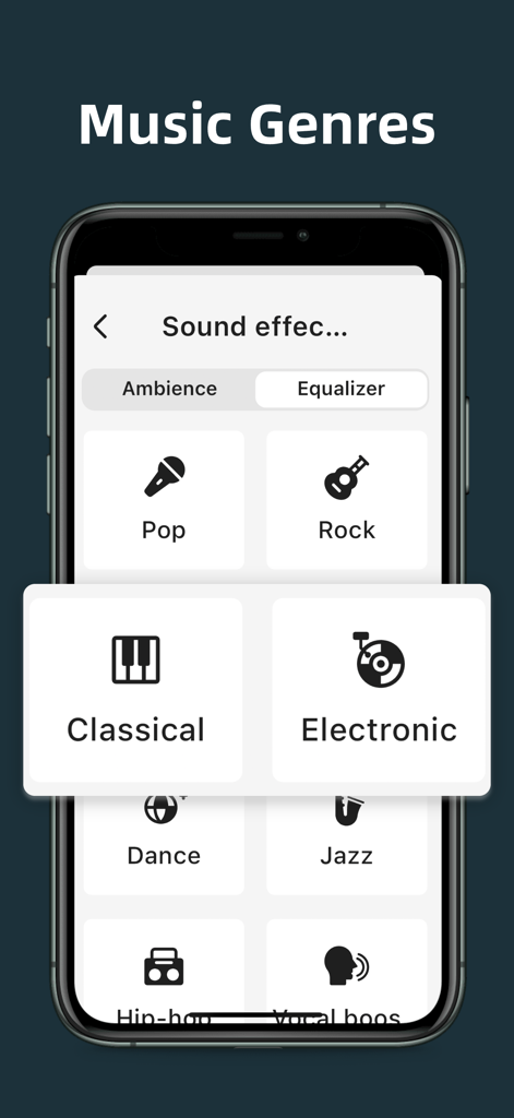 Uma tela de aplicativo móvel mostrando seleções de gêneros musicais como Pop Rock e Clássico com ícones grandes.
