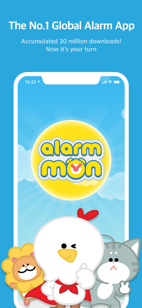 AlarmMon ( alarm clock ) - AlarmMon globale Wecker-App Splash-Bildschirm mit niedlichen Tiermaskottchen und Download-Meilensteinen