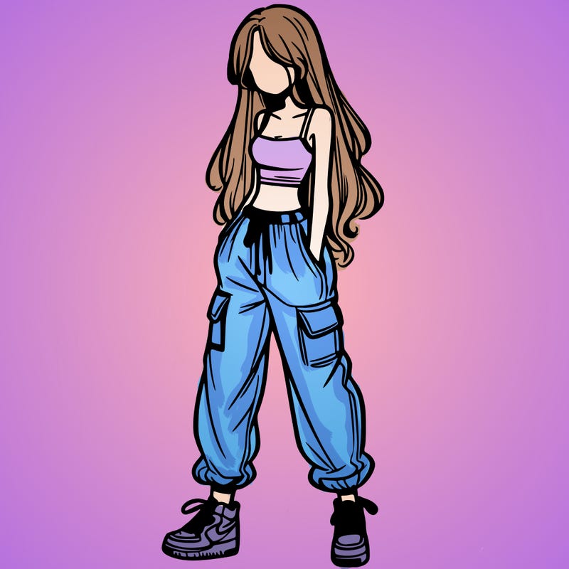 girl in baggy pants crop top and long hair