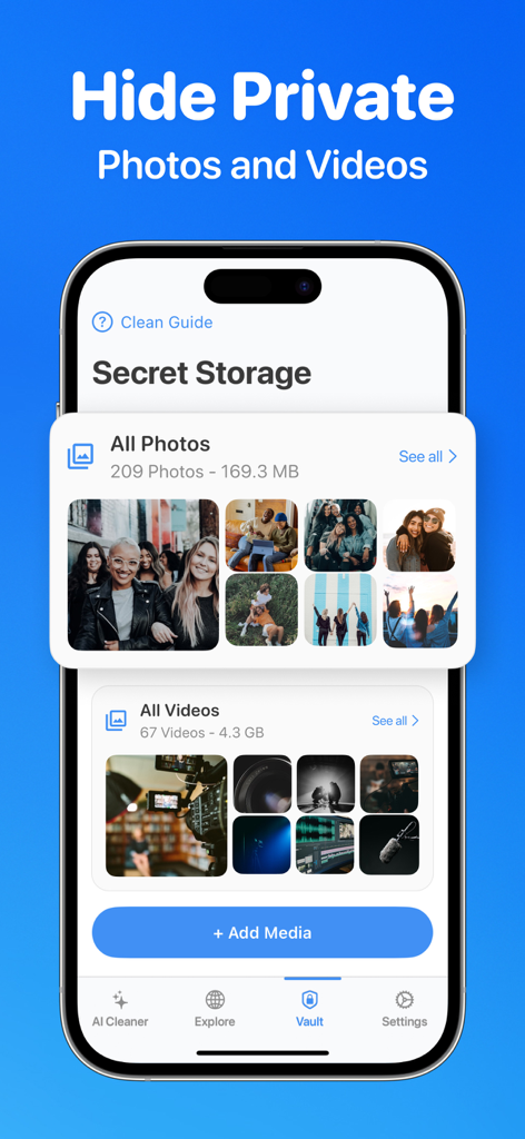 CleanUp Storage: Phone Cleaner - Interfaz de una aplicación móvil que muestra una bóveda de almacenamiento secreta para ocultar fotos y videos privados.