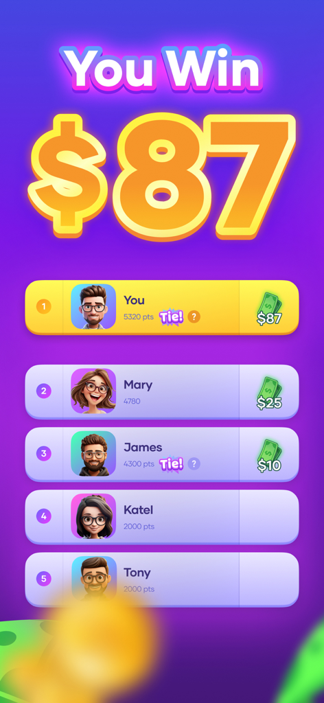 Leaderboard in the Thrillz app showing a player winning 87 dollars in real money