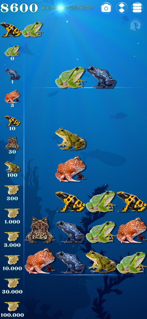 Pantalla de jugabilidad de Magic Alchemist Under the Sea con ranas de colores en un rompecabezas submarino de color azul profundo.