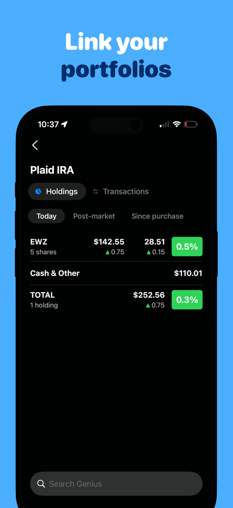 Genius: Stock Market Tracker - Smartphone screen showing the Genius app interface for linking portfolios and tracking stock holdings