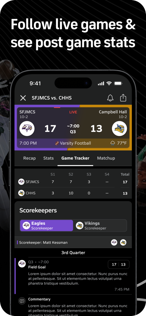 MaxPreps: High School Sports - MaxPrepsアプリのスクリーンショット。バーシティフットボールのライブ試合スコアとリアルタイムの試合トラッカーを表示