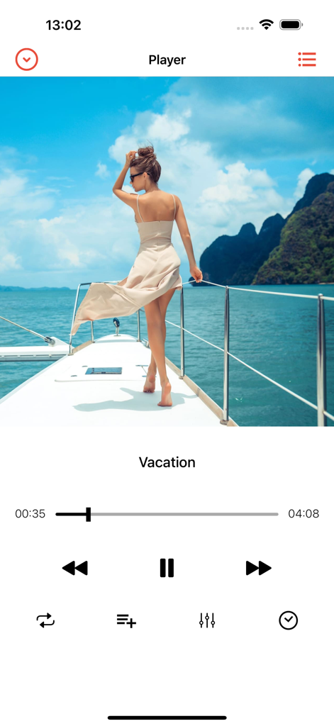 Interface de l'application Cloud Music Player montrant l'écran de lecture avec une chanson intitulée Vacation et la pochette d'album d'une femme sur un bateau
