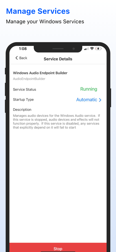 Ein mobiler Bildschirm, der die Details und den Status eines Windows-Dienstes in der Monitor-App anzeigt.