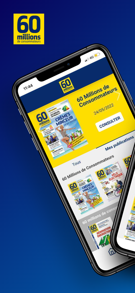 60 Millions - Smartphone interface of the 60 Millions de Consommateurs app showing various digital magazine issues for readers