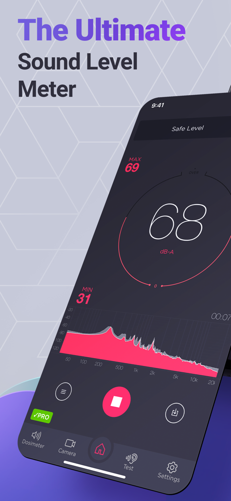 Decibel : dB sound level meter - Interface de l'application Decibel Meter Pro montrant une lecture de niveau sonore sûre de 68 décibels et un analyseur de spectre de fréquences.