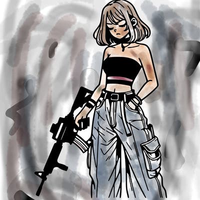 a dangerous girlcrop top and baggy jeans with a rifle in her hand