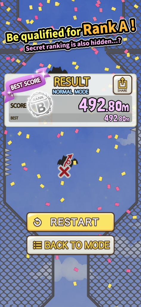 Wall Jump - Tela de resultado do jogo Wall Jump mostrando uma pontuação de 492,80 metros e a conquista de Rank B.