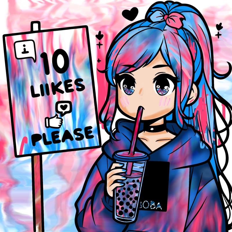 girl with a high ponytail and a hoodie drinking boba staring at a sign saying 10 likes please