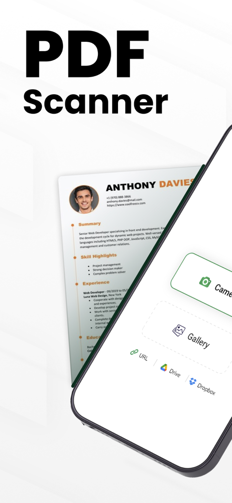 iPhoneのPDFスキャナーアプリのインターフェース。クラウドストレージオプションと共にプロフェッショナルな履歴書をスキャンしている様子。