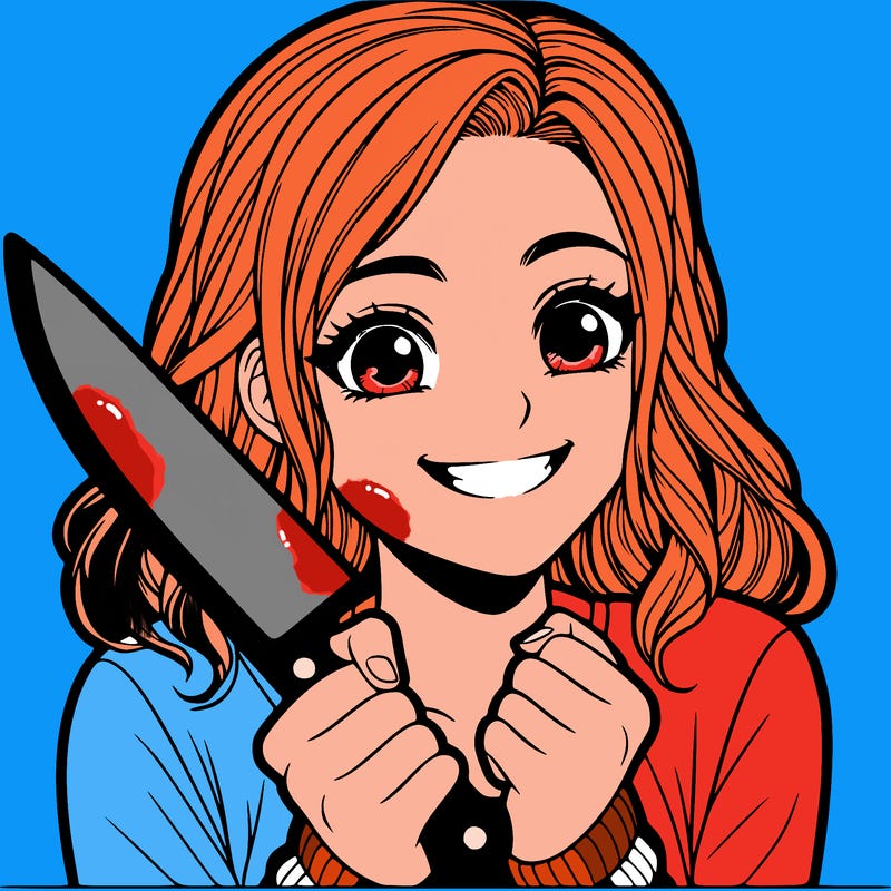a realistic girl holding a knife and grinning