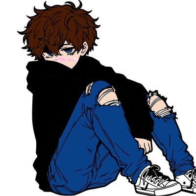 a male hoddie ripped jeans messy hair anime