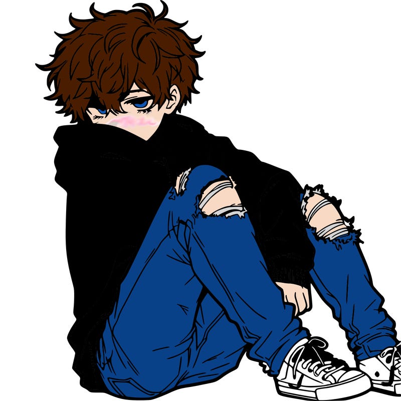 a male hoddie ripped jeans messy hair anime