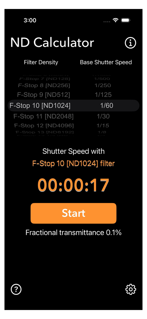 Neutral Density Calculator - Interface da aplicação Calculadora ND mostrando o cálculo da velocidade do obturador para um filtro de 10 stops e um temporizador regressivo