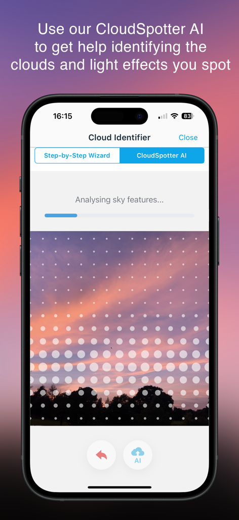 Interface of the CloudSpotter app using AI to identify cloud formations from a sunset photo.