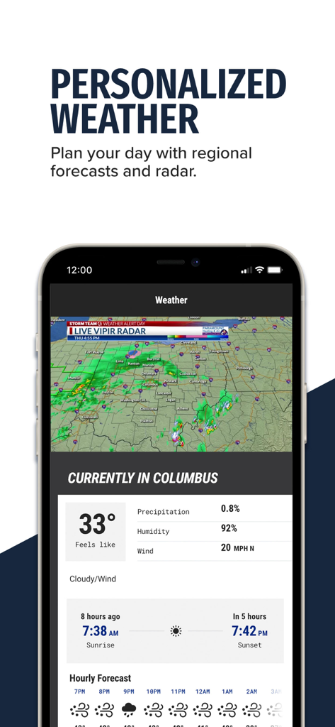 NBC4 Columbus - NBC4 Columbus app screen showing personalized weather forecasts and interactive radar map