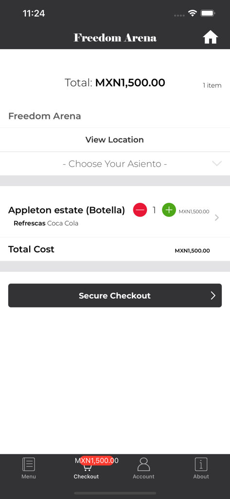 Checkout screen of the Freedom Arena mobile app showing a drink order with seat selection and total cost.