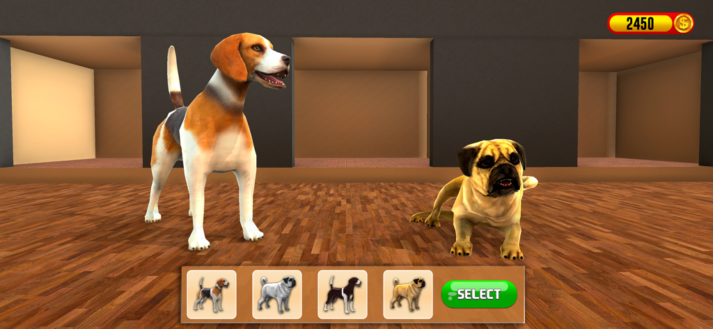 Family Pet Life Dogs Simulator - Pantalla de selección de razas de perros en Family Pet Life Dogs Simulator mostrando un Beagle y un Pug