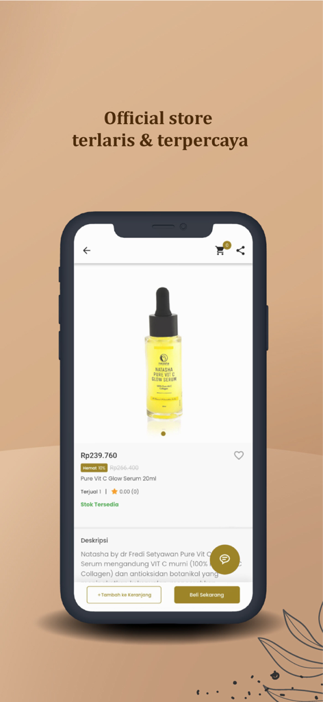Natasha Skincare app displaying the Pure Vit C Glow Serum product page with purchase options