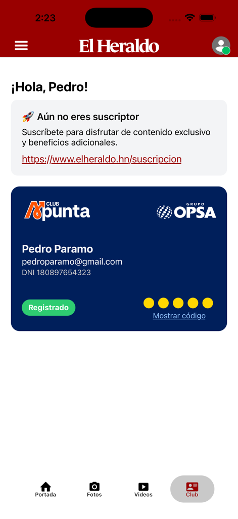 Diario El Heraldo Honduras - Membership card interface for Club Punta within the Diario El Heraldo Honduras mobile app.