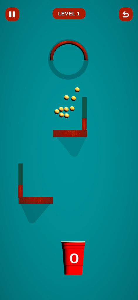 Crazy Popcorn Catch - Una captura de pantalla del juego de Crazy Popcorn Catch que muestra piezas de palomitas cayendo a través de obstáculos en una taza roja sobre un fondo azul.