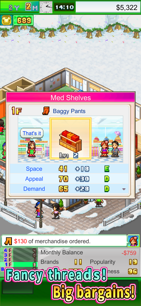 Schermata gestionale in pixel art di Pocket Clothier che mostra le statistiche dei pantaloni larghi su uno scaffale del negozio