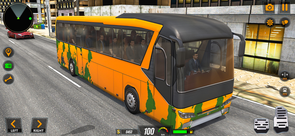 Real Modern City Bus Driving - A yellow city bus driving through a city street in a 3D simulation game with passengers and mobile controls visible.