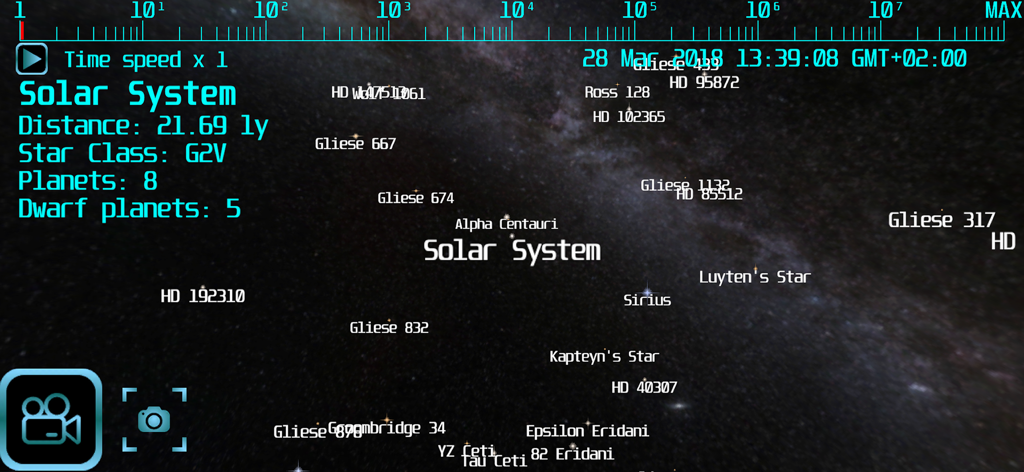 Interstellare Navigationskarte mit dem Sonnensystem und benachbarten Sternen in Advanced Space Flight.