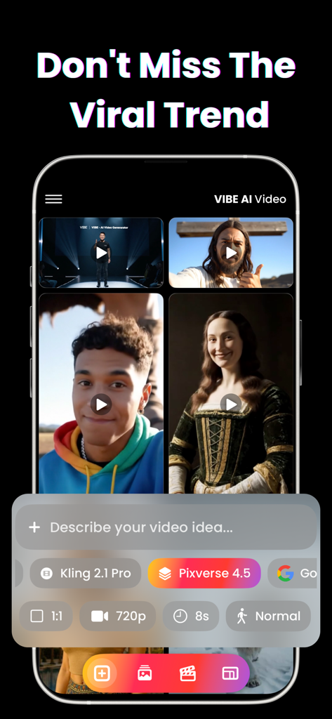 Interface of the VIBE AI Video Generator app showing viral trend templates and video creation settings