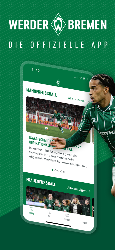 SV Werder Bremen - La schermata principale dell'app mobile ufficiale SV Werder Bremen che mostra sezioni di notizie per le squadre di calcio maschile e femminile