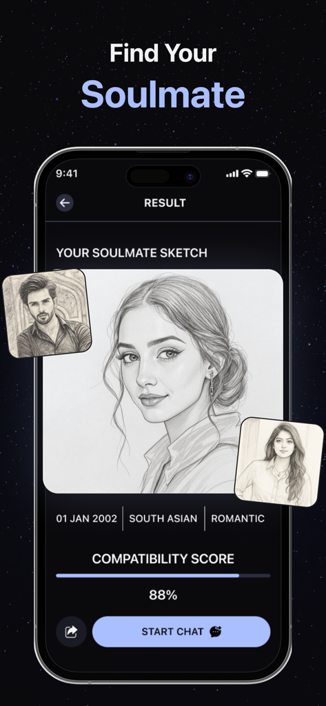 Soulmate Art: AI Drawing - Interfaz de la aplicación Soulmate Art que muestra un retrato a lápiz generado por IA de un alma gemela con una puntuación de compatibilidad del 88 por ciento